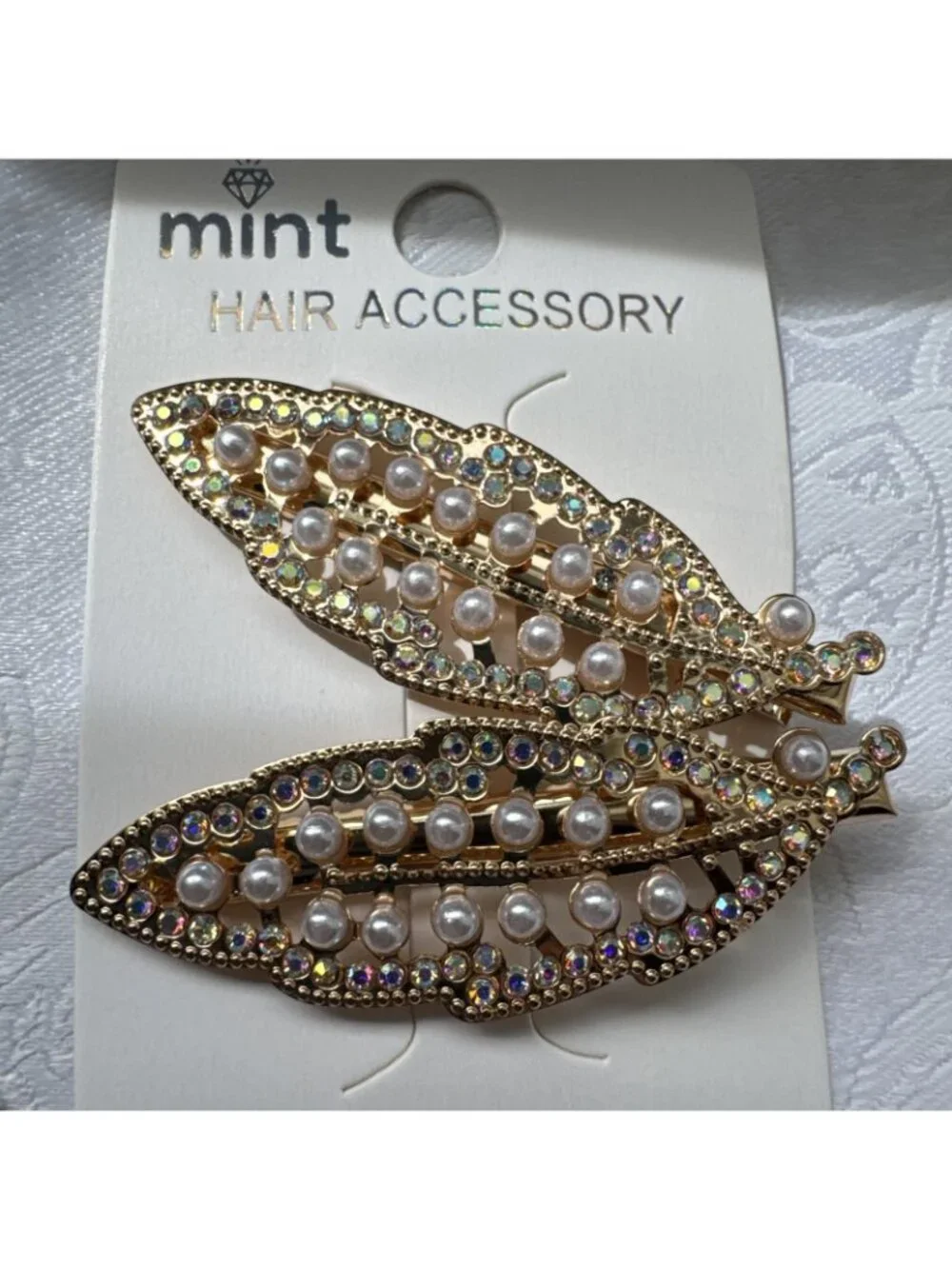 2 Gold Pearl Hair Clip Clamp Metal Alligator Claw Bling Crystal Rhinestone 2.5